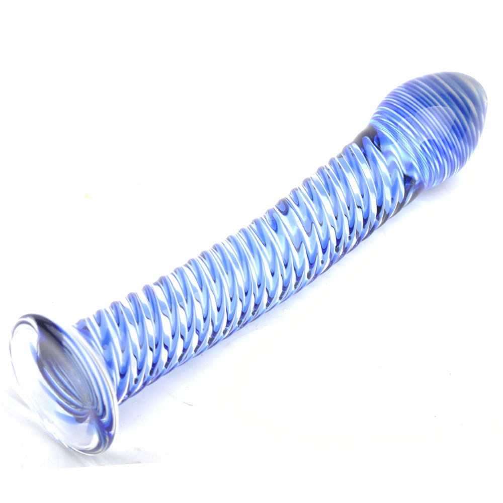 Glass Dildo With Blue Spiral Design Glass Dildo With Blue Spiral Design
